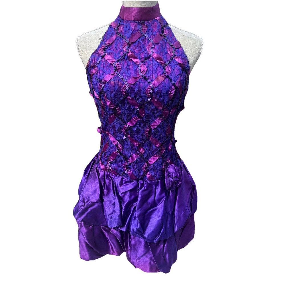 Prom Dress 1991 Halter Top Purple  Knee Length Stretch Back‎ Wmn Vintage Sz 7